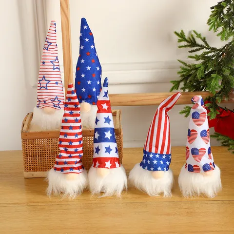 Independence Day Gnome Faceless Doll Decoration Lighted American Flag Patriotic Gnome Ornament Star Stripes Pointy Hat Plush Doll