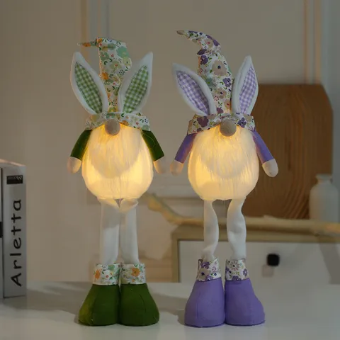 Easter Decorative Gnome Doll Long Legged Rabbit Plush Elf Figurine Glowing Floral Pattern Dwarf Ornaments For Home Decor