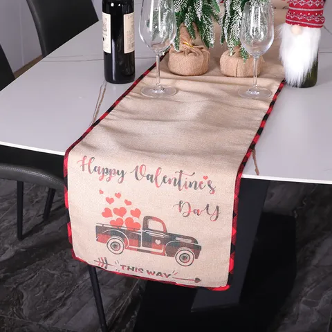 Valentine's Day Cotton Linen Table Runner Love Heart Truck Print Tablecloth Buffalo Plaid Edge Dining Table Decoration Home Decor