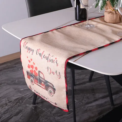 Valentine's Day Cotton Linen Table Runner Love Heart Truck Print Tablecloth Buffalo Plaid Edge Dining Table Decoration Home Decor