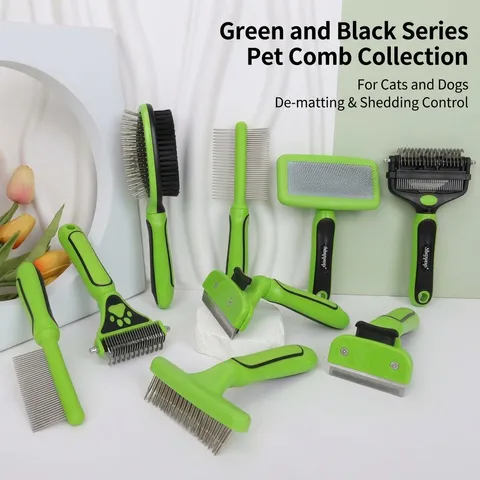 Green Black Pet Grooming Comb Stainless Steel Pins Anti-Slip Handle Cat Dog Shedding Hair Removal Tool