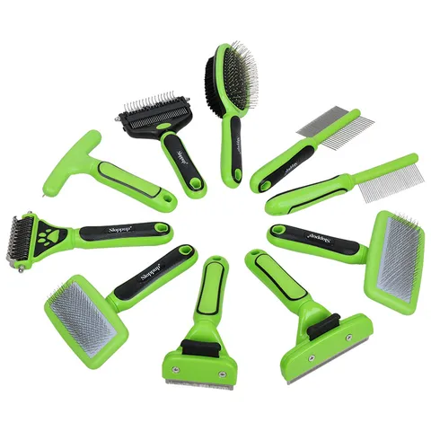 Green Black Pet Grooming Comb Stainless Steel Pins Anti-Slip Handle Cat Dog Shedding Hair Removal Tool