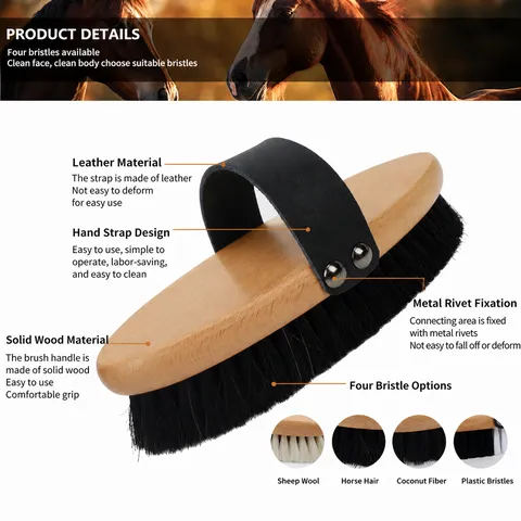 Wooden Handle Horse Brush Pet Grooming Brush Soft Wool Horse Hair Coconut Palm Plastic Bristles Cleaning Tool
