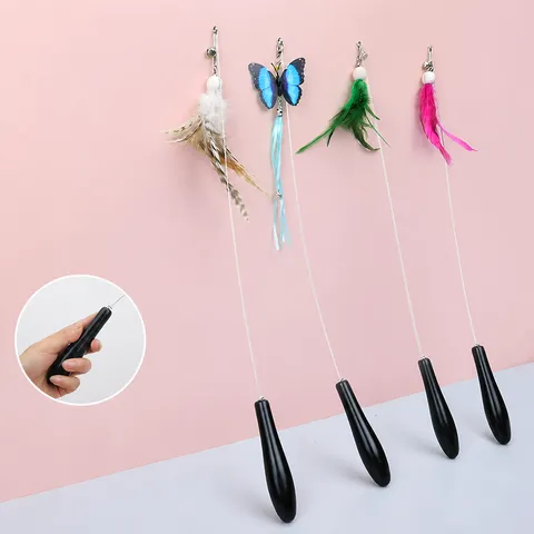 Juguete Varita para Gatos con Mango de Madera Alambre de Acero Interactivo con Plumas Mariposas Borlas para Gatitos Artículos para Mascotas