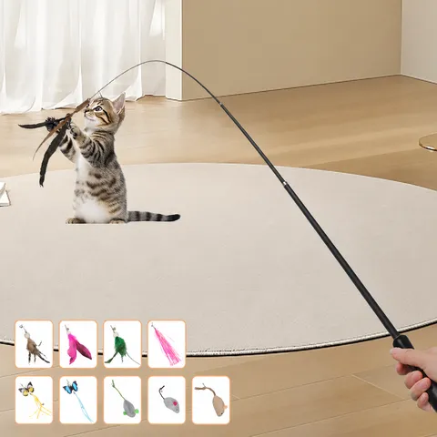 Juguete de Varita Retractable para Gatos Con Mango de Madera Juguete Interactivo para Mascotas Plumas y Accesorios de Ratón para Gatos de Interior