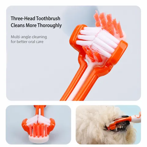 Pet Toothbrush And Toothpaste Set Cat Dog Oral Dental Care Kit Three Head Toothbrush Vanilla Flavor Pet Cleaning Supplies