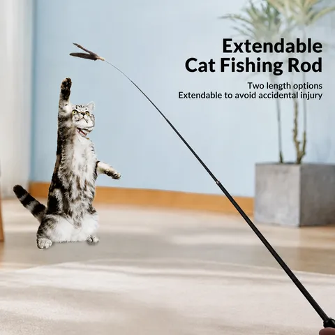 Juguete de Varita Retractable para Gatos Con Mango de Madera Juguete Interactivo para Mascotas Plumas y Accesorios de Ratón para Gatos de Interior