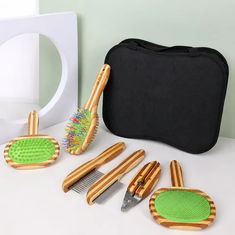 Kit di Toelettatura Professionale per Animali Domestici Set di Spazzole e Pettini per Cani con Manici in Bambù Ecologico e Borsa