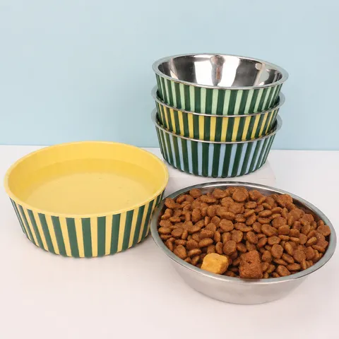Pet Dog Cat Anti Slip Food Water Bowl Plastic Striped Feeding Bowl With Stainless Steel Bowl Set Pet Supplies