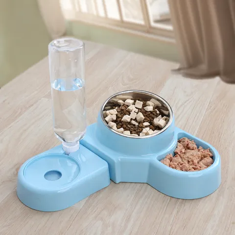 Automatic Cat Water Dispenser And Double Bowl Pet Feeding Station Plastic Stainless Steel Food Water Feeder Bowl Set