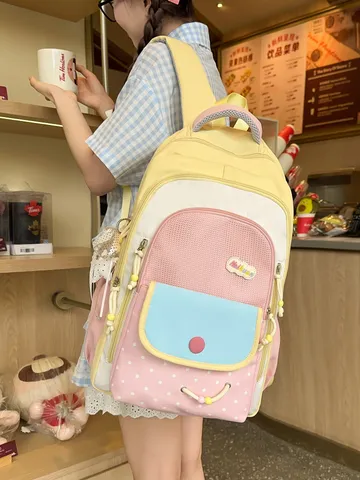 Große Kapazität Kontrastfarbe Schulrucksack Für Mädchen Süße Nylon Studenten Büchertasche Set Mit Anhänger Schultasche