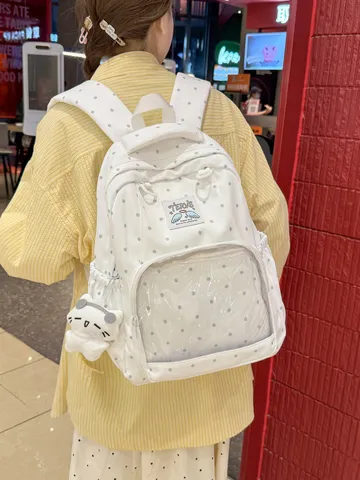 Zaino Ita Bag a Pois in Stile Coreano per Ragazze di Scuola Simpatico Zaino in Nylon di Grande Capacità con Ciondolo