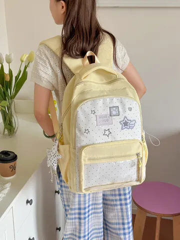 Japanischer Ins Stil Süß Gepunktet Rucksack Und Umhängetasche Set Nylon Schultasche Für Mittelschule Mädchen Reisen Rucksack Mit Sternenanhänger