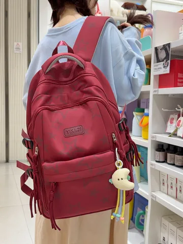 Japanese Academy Style Kawaii Star Print Contrast Color Backpack Nylon Large Capacity Lightweight School Bag For Women Girls