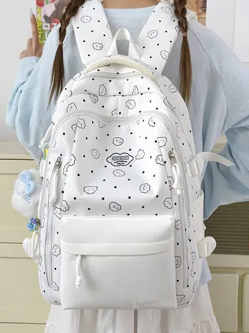 Süß Cartoon Wolke Bedruckt Nylon Rucksack Große Kapazität Schultasche Farbblock Tagesrucksack Für Schüler Jugendliche