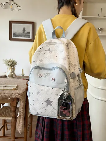Japanese Preppy Cute Star Color Block Nylon Backpack Large Capacity Lightweight Pressure Relief School Bag For Students