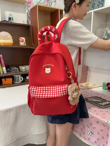 Süßer Cartoon Hund Kariert Schulrucksack Nylon Atmungsaktiv Color Block Große Kapazität Doppelschulter Büchertasche Für Schüler Kinder