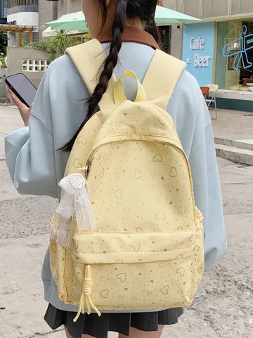Sac à Dos Scolaire pour Étudiants Grande Capacité Style Harajuku Japonais Imprimé Coeur Nylon Résistant à l'Usure Respirant Minimaliste Urbain pour Filles