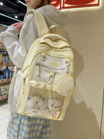 Sac à Dos Scolaire Mignon de Grande Capacité Couleur Contrastée pour Filles Sac en Nylon Léger Étudiant Avec Mini Porte-monnaie Respirant Sac à Dos de Voyage