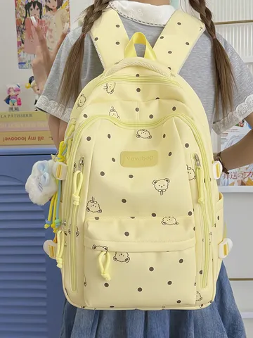 Niedlicher Cartoon Hund Polka Dot Druck Schulrucksack Große Kapazität Studenten Rucksack Für Junior High School Damen Nylon Tagesrucksack