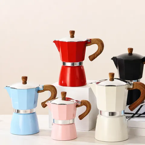 Italian Aluminum Moka Pot Classic Octagonal Espresso Maker With Wood Grain Handle Coffee Maker For Home Office Kitchen