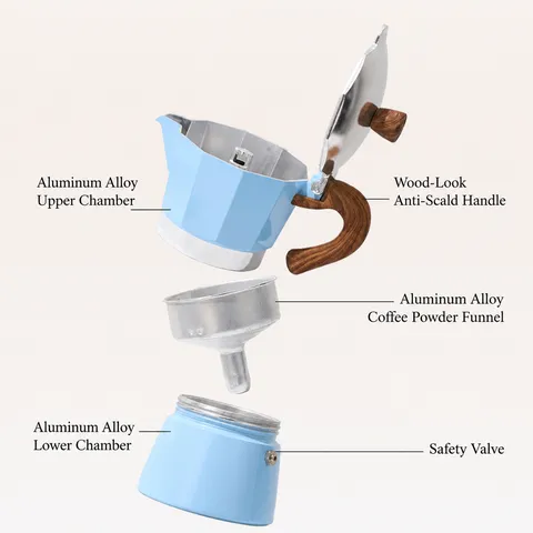 Italian Aluminum Moka Pot Classic Octagonal Espresso Maker With Wood Grain Handle Coffee Maker For Home Office Kitchen