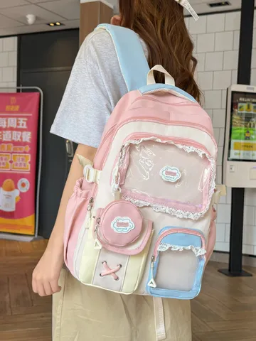 Sac à Dos Mignon Transparent Colorblock Grande Capacité pour Collégiens Sac d'École Kawaii en Nylon avec Petite Pochette