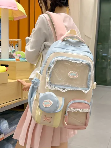 Sac à Dos Mignon Transparent Colorblock Grande Capacité pour Collégiens Sac d'École Kawaii en Nylon avec Petite Pochette