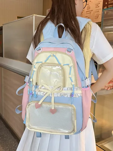 Zaino Scolastico in Nylon in Stile Harajuku Giapponese Dolce Blocchi di Colore Grande Capacità Ita Bag per Ragazze Zaino da Viaggio Traspirante