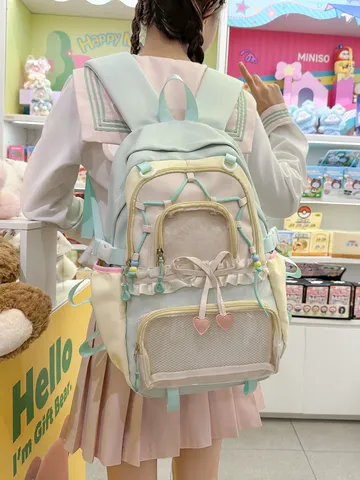 Zaino Scolastico in Nylon in Stile Harajuku Giapponese Dolce Blocchi di Colore Grande Capacità Ita Bag per Ragazze Zaino da Viaggio Traspirante