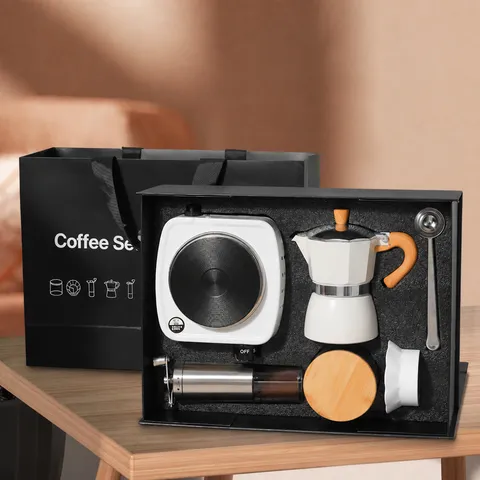 Italian Style Coffee Maker Gift Box Set Moka Pot Electric Stove Grinder Coffee Maker Kit Home Kitchen Drinkware Gift
