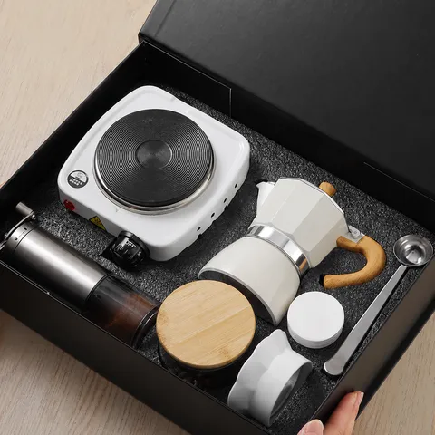 Italian Style Coffee Maker Gift Box Set Moka Pot Electric Stove Grinder Coffee Maker Kit Home Kitchen Drinkware Gift
