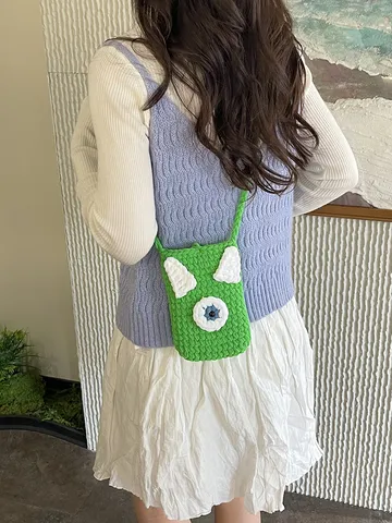 Cute Cartoon Hand Crochet Yarn Crossbody Bag Handmade Contrast Color Mini Phone Shoulder Bag For Travel Parent Child Everyday Use Bag