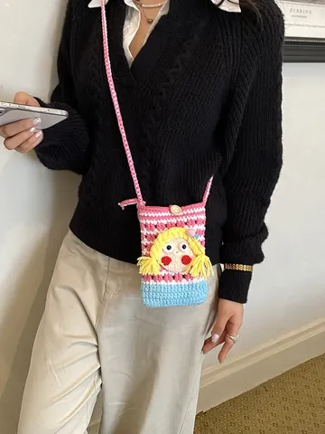 Süßes Cartoon Mädchen Gestrickt Kariert Farbblock Handytasche Casual Gehäkelte Umhängetasche Schultertasche Für Damen Kinder Reisen Tasche