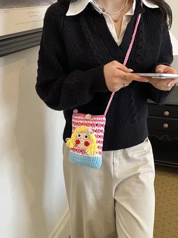 Süßes Cartoon Mädchen Gestrickt Kariert Farbblock Handytasche Casual Gehäkelte Umhängetasche Schultertasche Für Damen Kinder Reisen Tasche