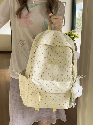 Süßer Floral Schulrucksack Für Mädchen Große Kapazität Nylon Doppel Schultertasche Mit Plüsch Wolke Anhänger