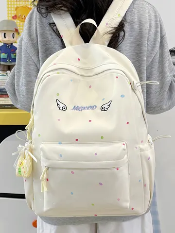 Japanischer Stil Süß Punktmuster Studenten Rucksack Mädchen Schultasche Kontrastfarbe Stickerei Flügel Reisen Daypack