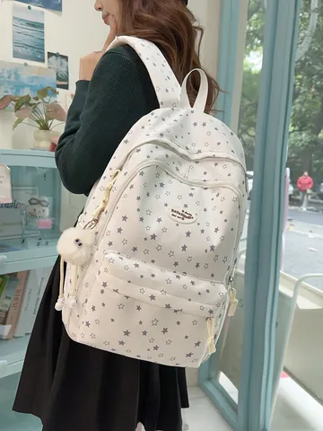 Sac à Dos Scolaire en Nylon Imprimé Étoile Multi Poches Grande Capacité Style Preppy Cartable pour Enfants Étudiants Voyage Quotidien