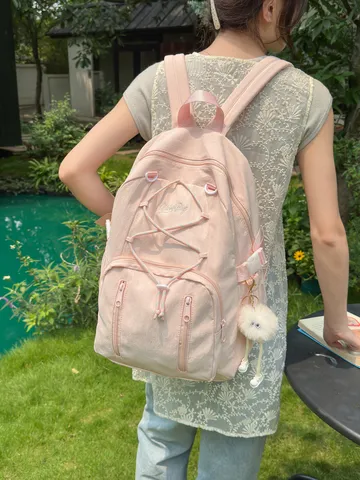 Japanese Minimalist Drawstring School Backpack Large Capacity Nylon Student Rucksack For Girls Junior High Travel Daypack