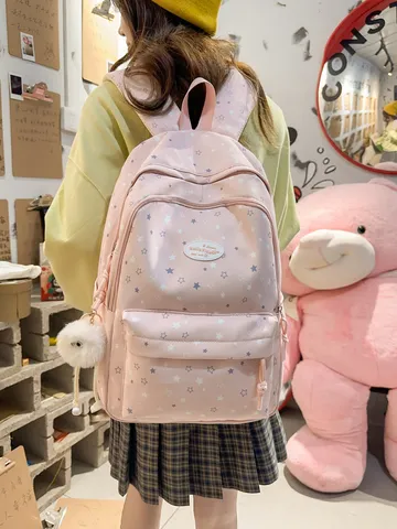 Sac à Dos Scolaire en Nylon Imprimé Étoile Multi Poches Grande Capacité Style Preppy Cartable pour Enfants Étudiants Voyage Quotidien