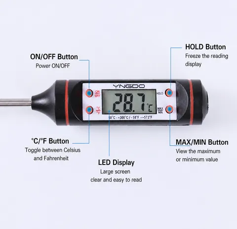 Digital Kitchen Food Thermometer Stainless Steel Probe LCD Display For Cooking Meat Water Milk Temperature Measurement