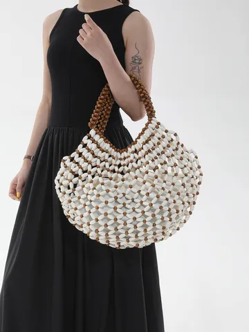 Sac de Plage Tissé à la Main en Perles de Bois Sac de Vacances Ajouré Minimaliste Grande Capacité Femmes Sac à Bandoulière Sous-Axillaire Avec Sac Intérieur Cordon