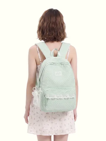 Süßer Spitze Besatz Polka Dot Nylon Rucksack Niedlich Große Kapazität Schultasche Atmungsaktiv Verschleißfest Entlastend Büchertasche Für Teenager Mädchen