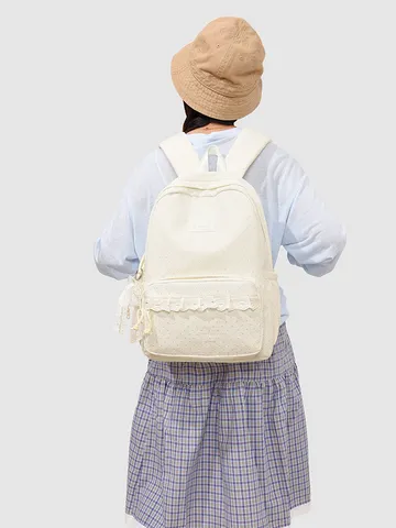 Süßer Spitze Besatz Polka Dot Nylon Rucksack Niedlich Große Kapazität Schultasche Atmungsaktiv Verschleißfest Entlastend Büchertasche Für Teenager Mädchen