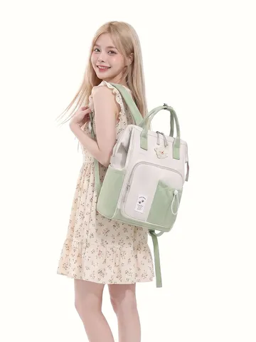 Japanese Style Color Block Diaper Backpack Large Capacity Travel Nursing Bag Waterproof Nylon Rucksack For Women Casual Bag