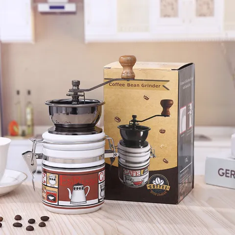 Macinacaffè Manuale Vintage Contenitore Rotondo in Ceramica Manovella Macina Caffè Con Meccanismo in Acciaio