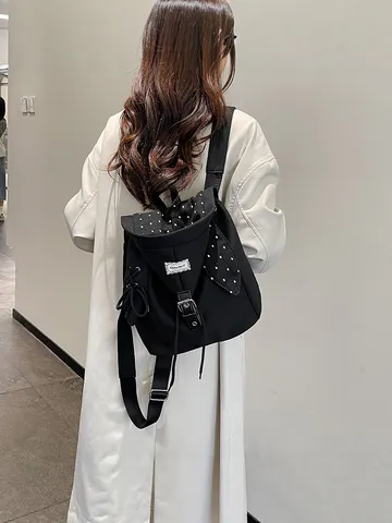 Preppy Stil Koreanisch Canvas Rucksack Mit Kapuzenabdeckung Sternenmuster Kordelzug Rucksack Schultasche Für Studenten Jugendliche Damen