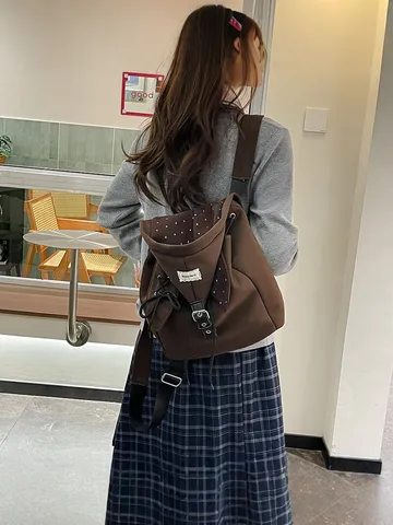 Preppy Stil Koreanisch Canvas Rucksack Mit Kapuzenabdeckung Sternenmuster Kordelzug Rucksack Schultasche Für Studenten Jugendliche Damen