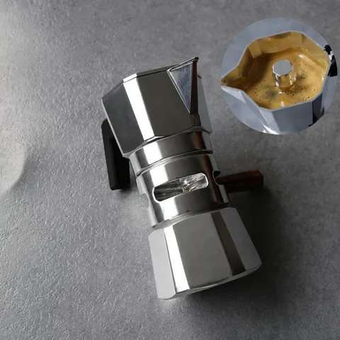 Καφετιέρα Moka Διπλής Βαλβίδας από Κράμα Αλουμινίου Ιταλική Μηχανή Καφέ Espresso Με Ξύλινη Λαβή και Οπτικό Παράθυρο