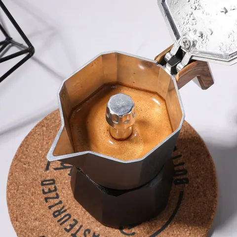 Ιταλικού Στυλ Espresso Moka Pot Διπλής Βαλβίδας Καφετιέρα με Λαβή με Νερά Ξύλου Κλασική Οκτάγωνη Παρασκευή Καφέ